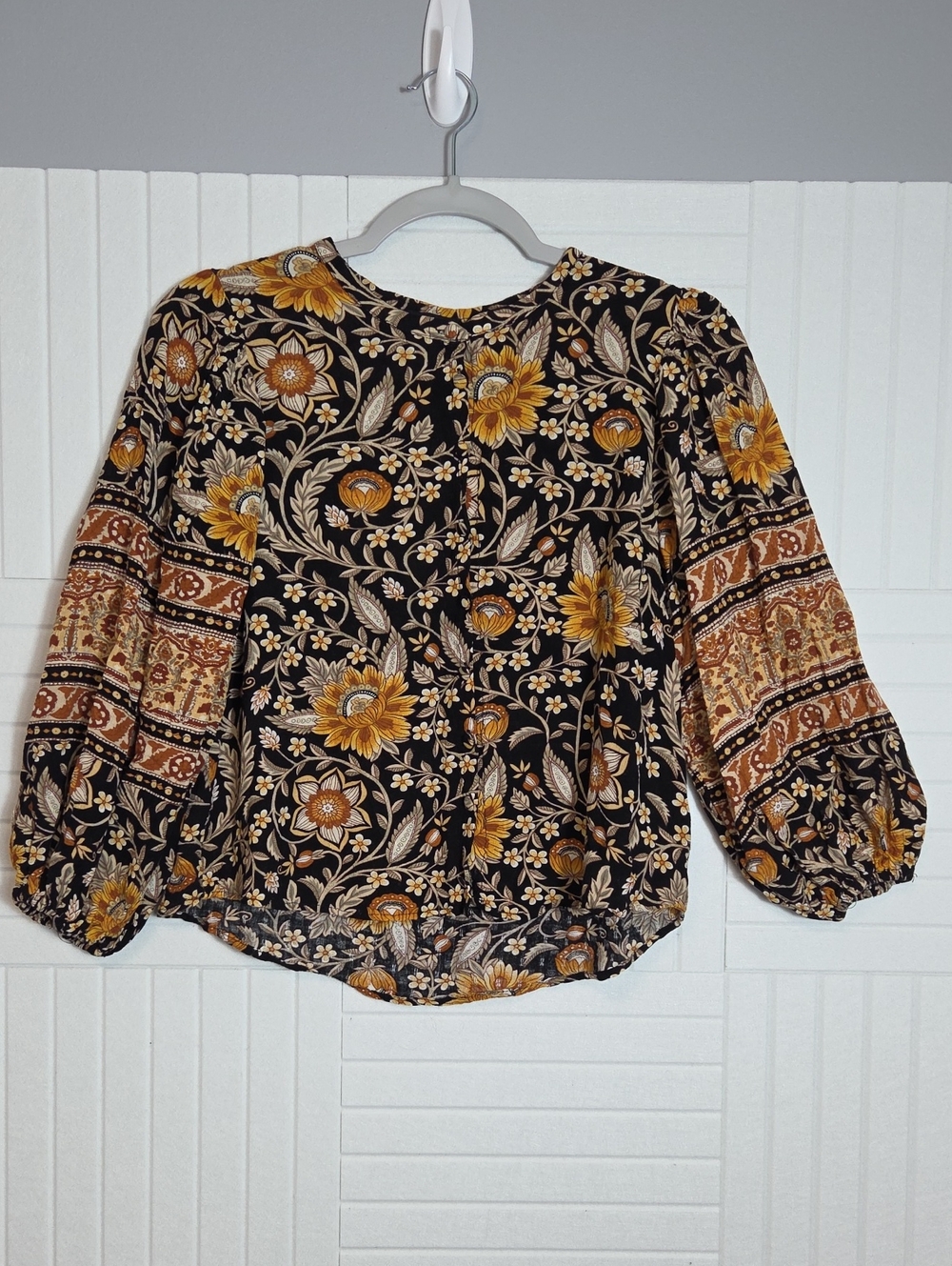 Rachel Zoe Autumn Ornate Floral Button Down Peasant Sleeve Top Size S